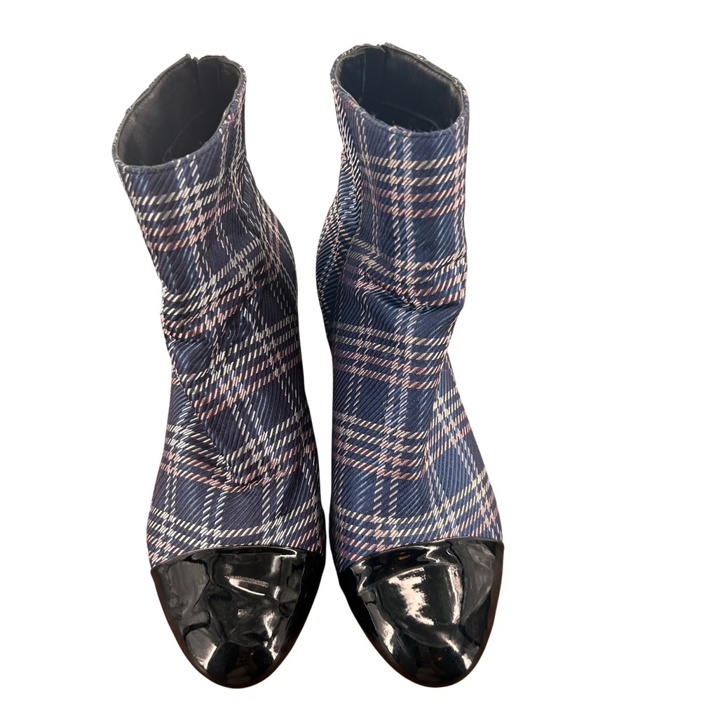 1901 Nordstrom Navy Pink Plaid Cap Toe Block Heel Ankle Boots Womens 7.5M